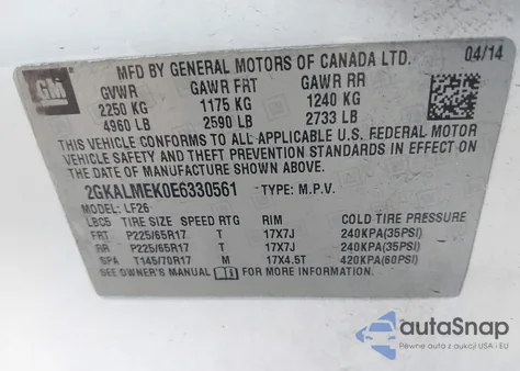 2014 GMC Terrain Sle-1 из США, поврежденный, VIN 2GKALMEK0E6330561